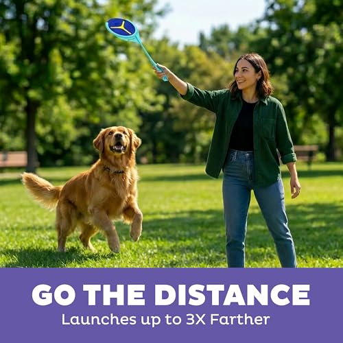 Outward Hound FlyFetch Disc Launcher Dog Toy, Launches Up to 3X Farther, Ergonomic Handle, Durable Rubber Disc, All Breeds - color: Disc Launcher Blue