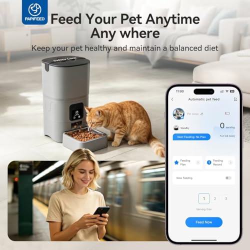 PAPIFEED Automatic Cat Feeder with App, 2.4G WiFi Cat Food Dispenser, 6L Timed Cat Feeders for Dry Food, 10 Meals/Day, 12 Portions/Meal, Dual Power Supply Smart Pet Feeder for Small Dog, Grey - color: Grey