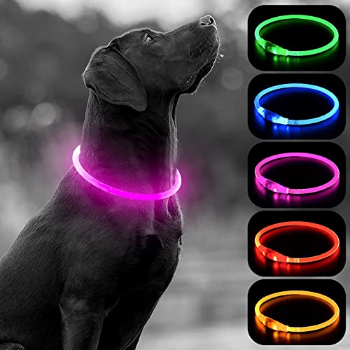 HIGO LED Dog Collar, USB Rechargeable Light Up Dog Collars Glow in the Dark, Waterproof LED Dog Necklace for Your Dogs Walking at Night (Pink) - color: Pink