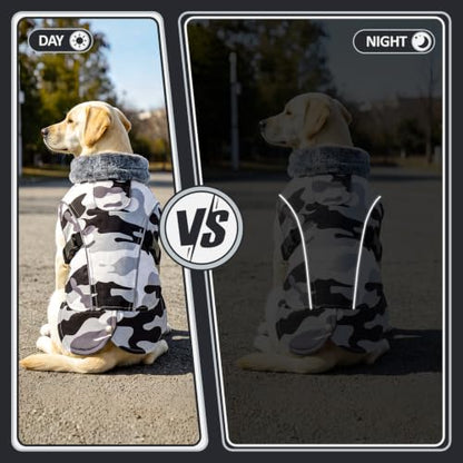 DENTRUN Warm Dog Winter Coat, Easy On Reflective Turtleneck Fleece Jacket | Adjustable buckle, easy on off, windproof & water-repellent, thick fleece snowsuit, outfit fits small to large breeds - color: White Camouflage, size: Small
