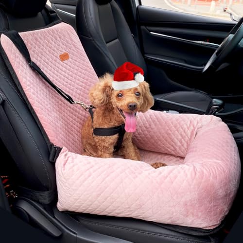 Dog Car Seat for Small Medium Dogs Pet Up to 40 lbs Pink | Detachable Washable, Soft Pet Booster Travel Bed for Front & Seat with Safety Leash Belt - color: Pink