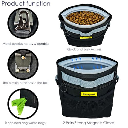Raisingwell Dog Treat Pouch with Magnetic Closure 4-Cup Silicone Bag Fanny Pack Holder with Clicker 4 Ways to Wear Front Pocket Fits All Phones Ideal for Leash, Pet Walking and Training（Black） - color: F.Black, size: 4CUP