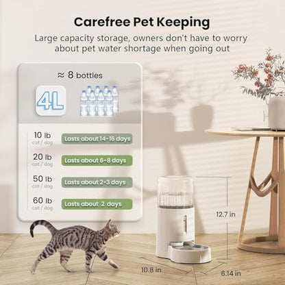 CZPET Automatic 4L/135Oz/1Gal Cat Water Dispenser with Stainless Steel Bowl, Gravity Waterer for Small Medium Dog Puppy Kitten (White) - color: White