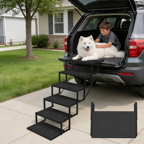 Dog Stairs for car, 6 Steps Foldable Dog Steps for Truck, Upgraded Non-Slip Pet Stairs for lagre Dogs, Metal Pet Stairs for SUV, Truck and Cars - color: Black, size: 6 Steps