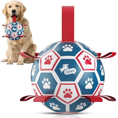 QDAN Dog Toys Soccer Ball with Straps：Durable Balls for Large Dogs, Outdoor Dog Toys, Puppy Birthday Gifts (7 Inch) - color: Red-Blue, size: Large Size 3