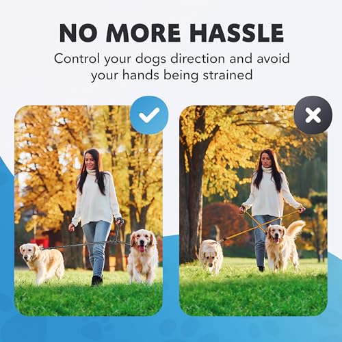 Double Dog Leash – Adjustable Length Long Leash for Dog Training – Dual Reflective Dog Leash with Non-Tangle Design – Heavy Duty Nylon and Metal Buckles – Ideal - color: Black
