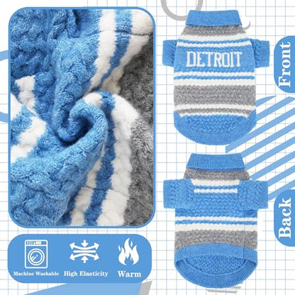 Detroit Small Dog Sweater Football Theme Turtleneck Knit Dog Sweaters for Small Pets Warm Winter Cat Dog Clothes - color: Skyblue&gray, size: Large