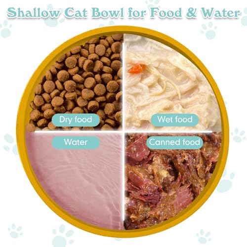 Silicone Cat Food Bowls Shallow Cat Dishes 5.9in Wide Pet Plates Set of 2 Small Flat Dog Saucer Bowl Cute Whisker Fatigue Kitten Feeding Dish for Dry Food & Wet Food (Round Yellow) - color: Yellow, size: M: 5.9 inches - without Suction Cup