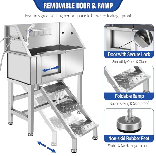Stainless Steel Dog Washing Station, Pet Grooming Tub W/Storage Stairs, Faucet & Showerhead & Soap Holder Dog Bathtub for Large & Medium & Small Pets,34" L-RAMP - color: 34" L-RAMP
