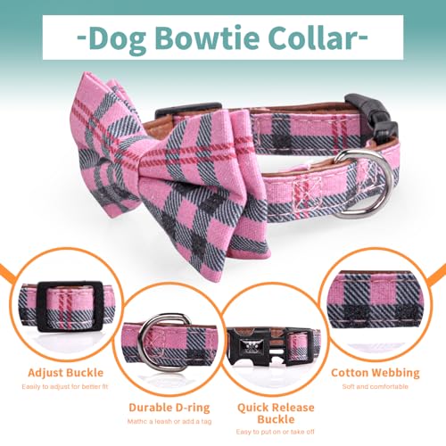 IVY&LANE Dog Collar with Bowtie and Leash Set | Plaid Adjustable Dog Collar | Detachable Bow Tie |5 FT Dog Leash | for Small Medium Large Dogs | Checkered Pink | Small - color: Checkered Pink, size: S