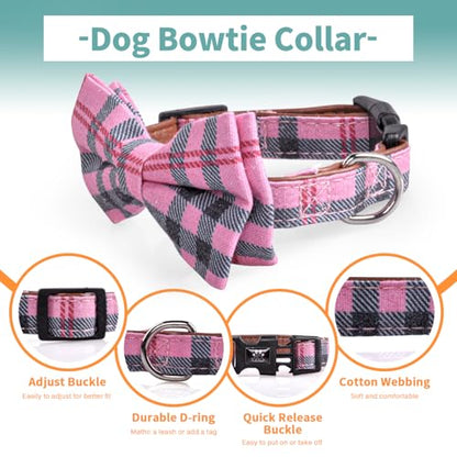IVY&LANE Dog Collar with Bowtie and Leash Set | Plaid Adjustable Dog Collar | Detachable Bow Tie |5 FT Dog Leash | for Small Medium Large Dogs | Checkered Pink | Small - color: Checkered Pink, size: S