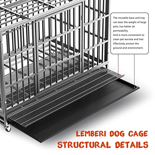 LEMBERI 48 Inch Heavy Duty Indestructible Dog Crate, 500lbs Capacity Escape Proof Double Door Kennel with Lockable Wheels, 36" Tall XL Dog Cage with 0.8" Steel Tubes, Removable Tray, Silver - color: Silver, size: 47.2"L x 30.7"W x 36"H
