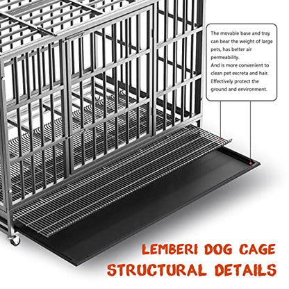 LEMBERI 48 Inch Heavy Duty Indestructible Dog Crate, 500lbs Capacity Escape Proof Double Door Kennel with Lockable Wheels, 36" Tall XL Dog Cage with 0.8" Steel Tubes, Removable Tray, Silver - color: Silver, size: 47.2"L x 30.7"W x 36"H