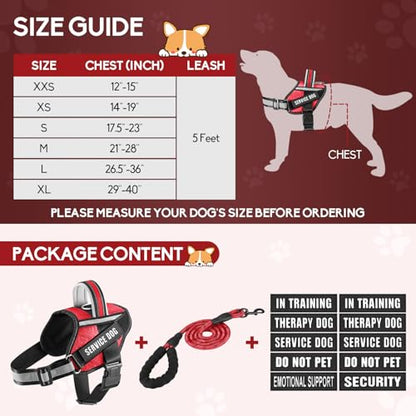 Service Dog Vest Harness and Leash Set, Animire in Training Dog Harness with 10 Dog Patches, Reflective Dog Leash with Soft Padded Handle for Small, Medium, Large, and Extra-Large Dogs - color: Red, size: XXS