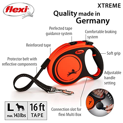 FLEXI® Xtreme Tape Retractable Dog Leash, Large, 16 ft - Orange/Black | German engineered, original flexi leash, durable quality for dogs up to 143 lbs, tangle-free, walking, reliable brake system - size: Large