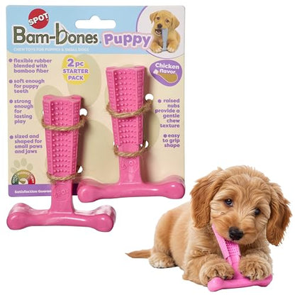 SPOT Bam-Bones Puppy T-Bone Dog Chew Toys, Chicken Flavor, 4 Inch, 2 Pack, Bamboo Fiber & Flexible Rubber, Easy Grip Design for Gentle Chewers, Puppies & Small Dogs Up to 15 lbs