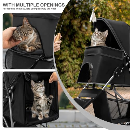 MoNiBloom Foldable Pet Stroller with Weather Cover, 3 Wheels Pet Strolling Cart for Small/Medium Dogs and Cats with Storage Basket and Cup Holder, Breathable and Visible Mesh for All-Season, Black - color: Black