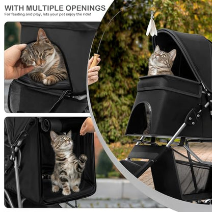MoNiBloom Foldable Pet Stroller with Weather Cover, 3 Wheels Pet Strolling Cart for Small/Medium Dogs and Cats with Storage Basket and Cup Holder, Breathable and Visible Mesh for All-Season, Black - color: Black