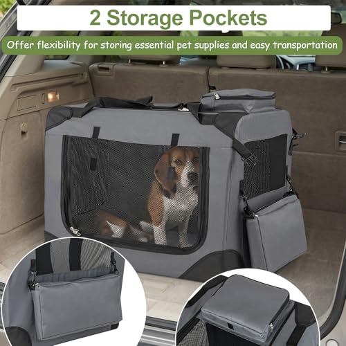 Giantex Folding Soft Dog Crate, 28 Inch Foldable Portable Dog Kennel for Medium Dogs up to 35 lbs, Collapsible Soft-Sided Pet Travel Crate with 5-Sided Mesh, 3 Doors, Washable Mat & Storage Pockets - size: 28.0"L x 21.0"W x 21.0"H