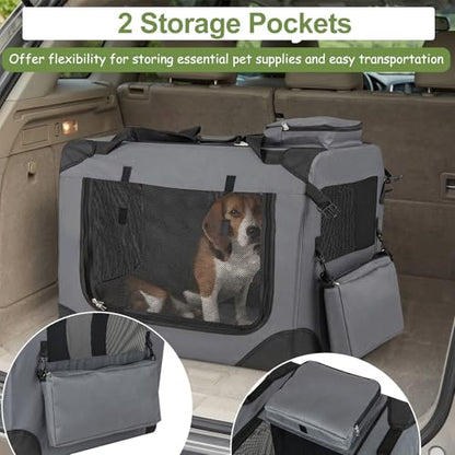 Giantex Folding Soft Dog Crate, 28 Inch Foldable Portable Dog Kennel for Medium Dogs up to 35 lbs, Collapsible Soft-Sided Pet Travel Crate with 5-Sided Mesh, 3 Doors, Washable Mat & Storage Pockets - size: 28.0"L x 21.0"W x 21.0"H