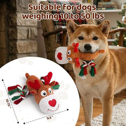 Plush Rope Reindeer Dog Toy – Durable Squeaky Tug Toy for Small, Medium Dogs, Interactive Chew & Fetch Puppy Toy - color: Christmas Colors