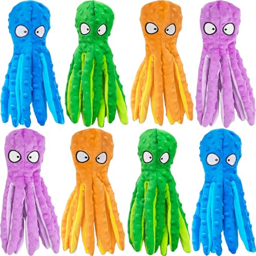 8 Pack Squeaky Octopus Plush Dog Toys for Aggressive Chewers, No Stuffing, Crinkle, Durable Interactive, 4 Colors - size: 8 pack