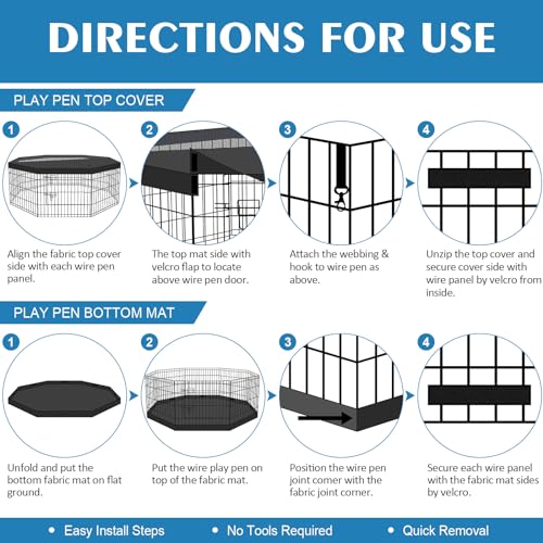 Foldable Metal Wire Dog Pen Pet Playpen Dog Fence Indoor Exercise Pen Enclosure Indoor Outdoor with Bottom Pad and Top Cover (Black 24 top Bottom Cover) - style: Playpen + top and bottom cover