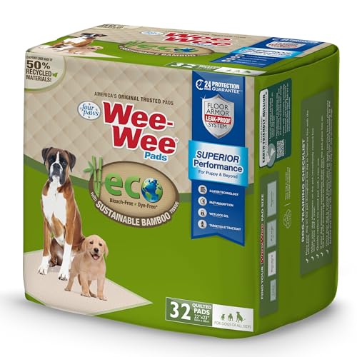 Four Paws Wee-Wee Superior Performance Bamboo Pee Pads for Dogs, Earth Friendly Dog & Puppy Potty Training Pads, Crate Liners, Housebreaking Supplies, 22" x 23" (32 Count) - size: 32 Count
