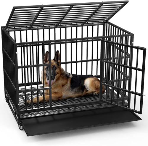 LEMBERI 42 Inch Heavy Duty Indestructible Dog Crate, High Capacity Escape Proof Double Door Kennel with Lockable Wheels, 35" Tall Medium Dog Cage with 0.8" Steel Tubes, Removable Tray, Black - color: Black, size: 42.5"L x 29.9"W x 34.5"H