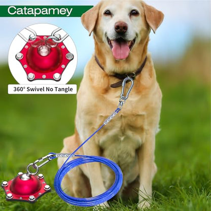 Catapamey Dog Tie Out Cable and Stake for Yard,(up to 200lbs) 360°Swivel Dog Run Anchors- No Tangle,with 30FT Heavy Duty Tie Out Cable for Dogs,Runner for Yard,Ideal for Outdoor Camping - size: Dog Stake Red/30ft Cable/200lbs