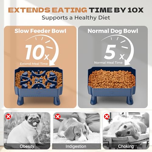 UPSKY Slow Feeder Dog Bowl, 2-in-1 Raised Dog Bowl with Anti-Choking Maze Puzzle, 2-6 Cups Pet Food for Small & Medium Breeds, Interactive Pet Feeder to Slow Eating, Reduce Boredom Blue