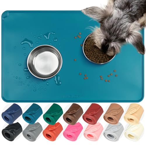 VIVAGLORY Pet Food Mat Flexmat Dog Bowl Mat, S, Deep Blue | Non Slip Silicone for Pet Kitten & Doggy, Placemat with Lip for Floor - color: Deep Blue, size: S (18.9 x 11.8in)