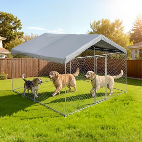 VEVOR Outdoor Dog Kennel, 9.84 x 9.84 x 7.05 ft Large Dog Kennel with Secure Lock, Outside Dogs Enclosures with UV-Resistant & Waterproof Roof Cover, Heavy Duty Pet Crate Cage Run for Large Dogs - size: 118.1"L x 118.1"W x 84.6"H
