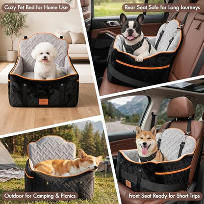 GINMIC Dog Car Seats for Small Medium Dogs up to 35 lbs – Dog Booster Car Seat with 5.3-Inch Memory Foam, Dual Safety Leashes, Detachable Washable Cover & Storage Pockets, Soft Travel Dogs Bed (Black)