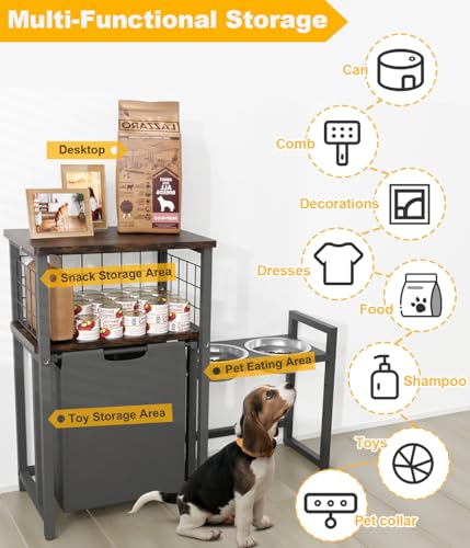 30.6Long x 26.2 High Elevated Dog Bowl Stand with Pet Food Storage Organizer, Adjustable Raised Feeding Station with Toy Basket for Large Medium Small Dogs and Cats, Black - color: Black