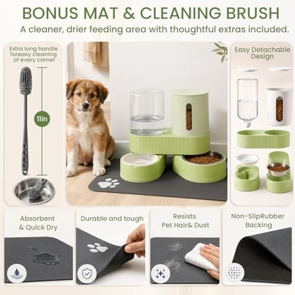 Gravity Cat Feeder 2 Pack Automatic Food Feeder Stainless Steel Water Dispenser Set 360° Rotatable Pet Bowls with Silicone Mat and Brush for Cats Small Medium Dogs, Large Capacity(Green) - color: Green-With mat/brush