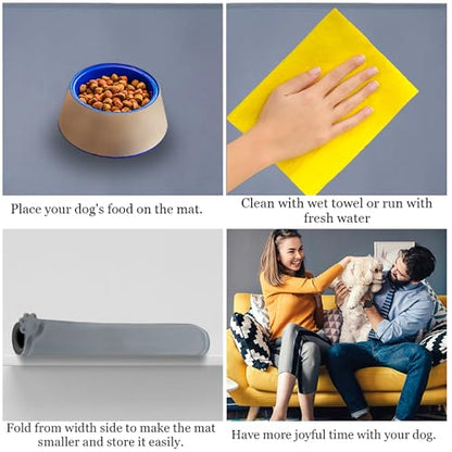 Silicone Pet Feeding Mat for Dogs & Cats – Non-Skid Waterproof Food & Water Bowl Mat with Raised Edges, Easy to Clean Pet Food Floor Mat, Durable Gray Pet Placemat, 19 x 12 Inches