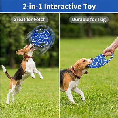 Dog Rope Flying Disc Toy with Squeaker | Durable Canvas Center & Braided Cotton Rope Ring | 2-in-1 Fetch & Tug Interactive Toy for Small & Medium Dogs | 9 Inch