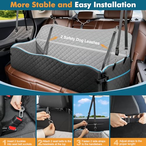 Large Dog Car Seat, Dog Car Bed for Large Dogs Under 120lbs, Pet Booster Seat with Thick Cushion and 2 Safety Leashes, Detachable & Washable Pet Bed for Backseat, Black & Gray - color: Black & Gray, style: For Large Dogs Under 120lbs