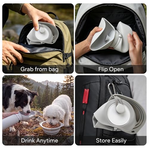 Dog Water Bottle 550ml with Collapsible Bowl Set, Leakproof Portable Pet Water Bottle, Silicone Travel Bottle for Walking, Hiking, Camping, Light Grey