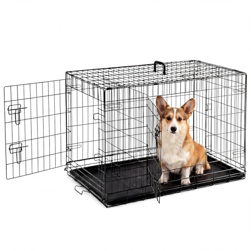 Sweetcrispy Large Dog Crate, 37 Inch Double Door Folding Metal Wire Dog Cage with Plastic Leak-Proof Pan Tray, Pet Kennel for Indoor, Outdoor, Travel