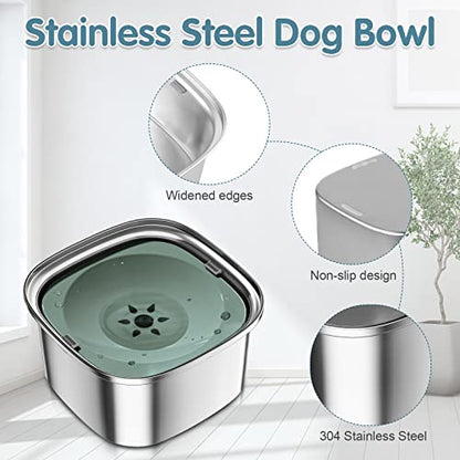 UPSKY 3L Dog Water Bowl 101oz Stainless Steel No Spill Large Capacity Dog Food Water Bowl Slow Water Feeder, Spill Proof Pet Water Dispenser Vehicle Carried Travel Water Bowls - color: H-Green