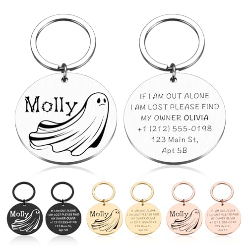 Personalized Halloween Ghost Dog Tag–Custom Engraved Pet ID Nameplate for Dogs and Cat–Ghost Shape Tag with Pet Name on Front and Address Phone on Back–Cute Spooky Halloween Collar Accessory(Style 3) - style: Style 3