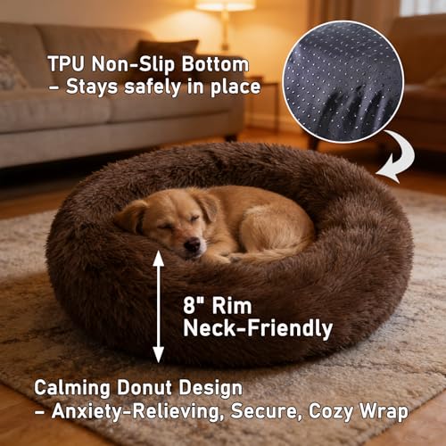 Calming Donut Dog Beds Large Sized Dog - Washable Removable Cover Non-Slip, Round Pet Bed Warming Fluffy Plush Faux Fur Anti-Anxiety Thick Cushion, Fits up to 80 lbs (Coffee, 36") - color: Coffee, size: 36"L x 36"W x 8"Th