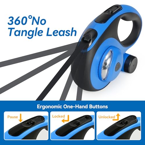 Heavy Duty Retractable Dog Leash for Large Dogs, 26ft Dog Leash with Poop Bag Holder, Up to 110lbs, chew Proof Cable, LED Light, 360° No-Tangle, One-Handed Pause & Locked (Blue, L 26ft) - color: Blue