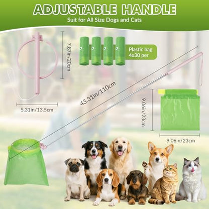 Dog Pooper Scooper, 43" Extendable Pooper Scooper Long Handle with 120 Bags | Portable Poop Scoop for Small Medium Large Dogs, No Touch, Stainless Steel, Lightweight, Foldable, Suit Yard,Wild, City, Park - color: Pink