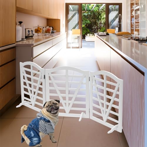 Wooden Dog Gate Freestanding Pet Gate Foldable Pet Gate for Dogs,Indoor Dog Fences with 3Foot Supportershite,3Pane 23.6" Height-White.