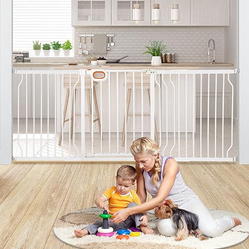 owlie Baby Gate with Door 66-75 Inch, Extra Wide Stair Gates for Kids Adjustable Wide Dog Pet Gate Stairway Large Baby Gates Pressure Mount for Pets for House Stairway Doorway White (30.5'' Tall) - color: White, size: Wide 66-75''