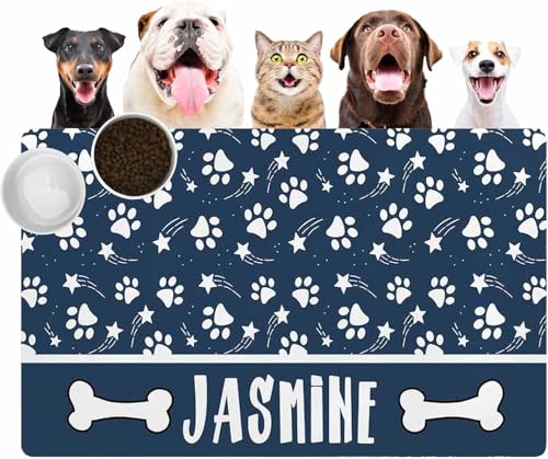 Personalized Dog & Cat Food Mat with Name Waterproof PU Pet Bowl Mat Non-Slip Rubber Bottom Easy Clean Available in(24"×16", 30"×20", 36"×24") | Pet Feeding Mat for Food & Water (Blue Paw Prints) - color: Blue Paw Prints