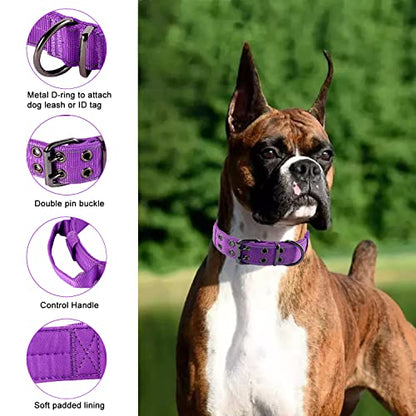 Reflective Dog Collar Heavy Duty Tactical with Control Handle and Metal Buckle for Dog Training(XL,Purple) - color: Purple, size: X-Large (Pack of 1)